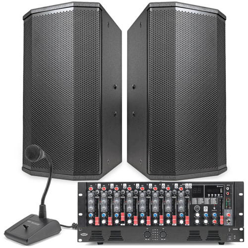 Public Address System with 2 P110 10" PA Speakers, MX9 9-Channel Mixer, DA2500 Dual-Impedance 500W Power Amplifier and PTT1 Paging Microphone (Discontinued Components)